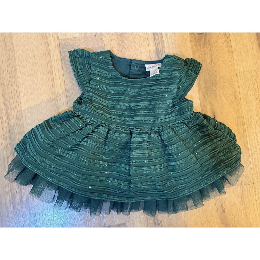 Cat & Jack Baby Girl Green Dress 0-3M Diaper Cover Tulle Tiered Holiday A-Line